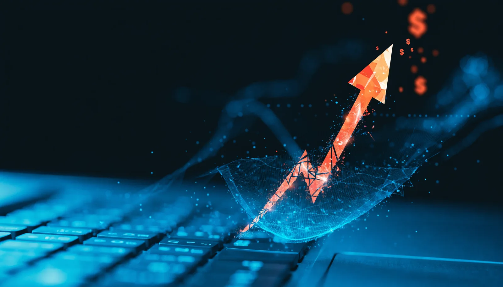 Rising cost of a cyber incident illustrated as a sharply climbing graph over a keyboard